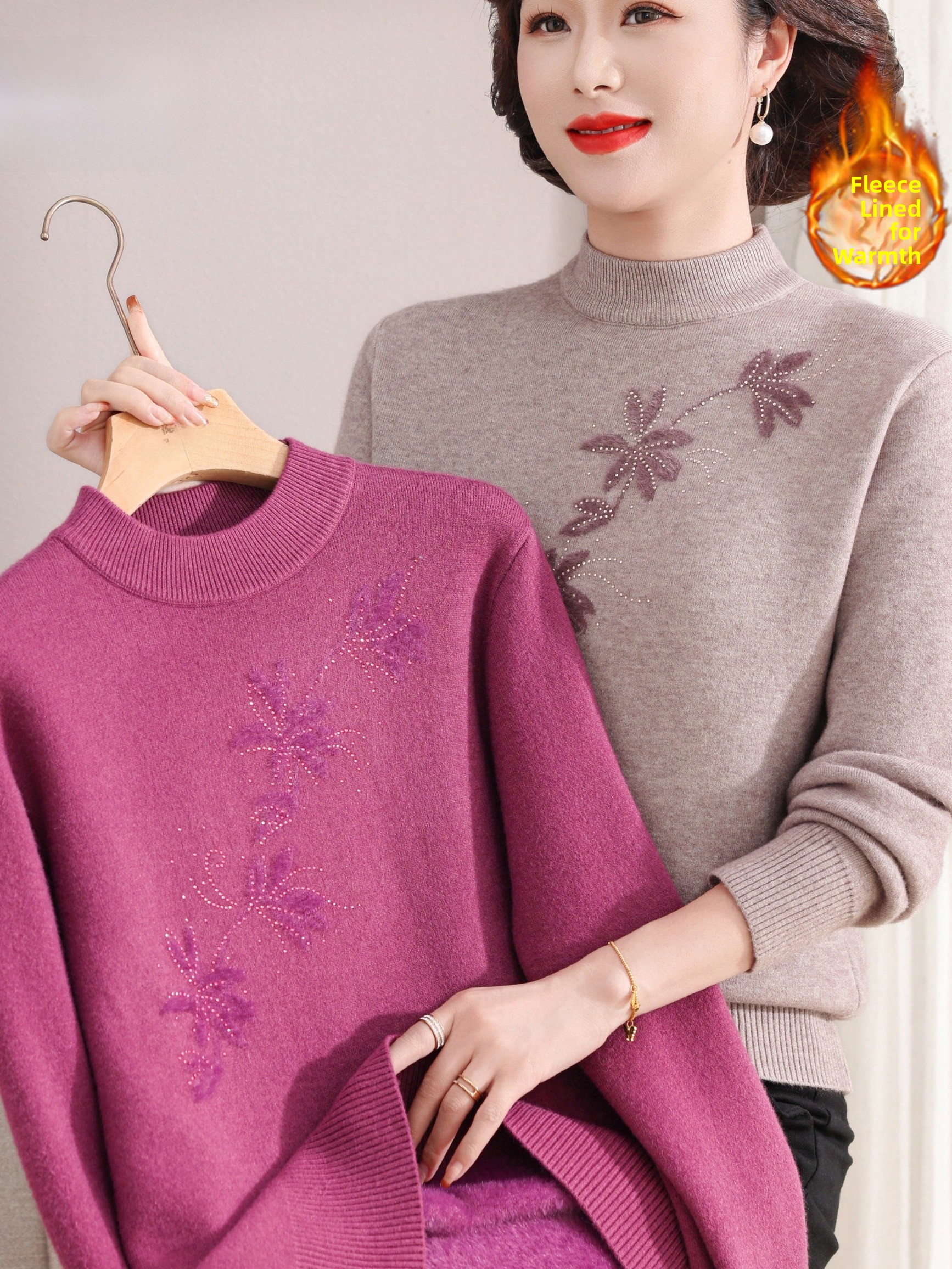 Women Fashion Over 60 - Warm Fleece Lined Knitted Half High