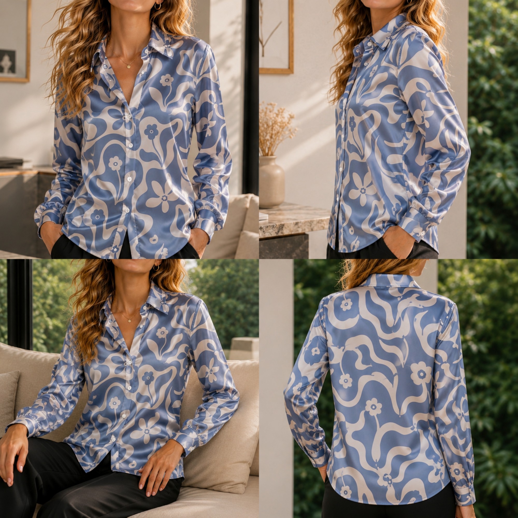Women Fashion Images - Women Green Satin Blouse White Floral