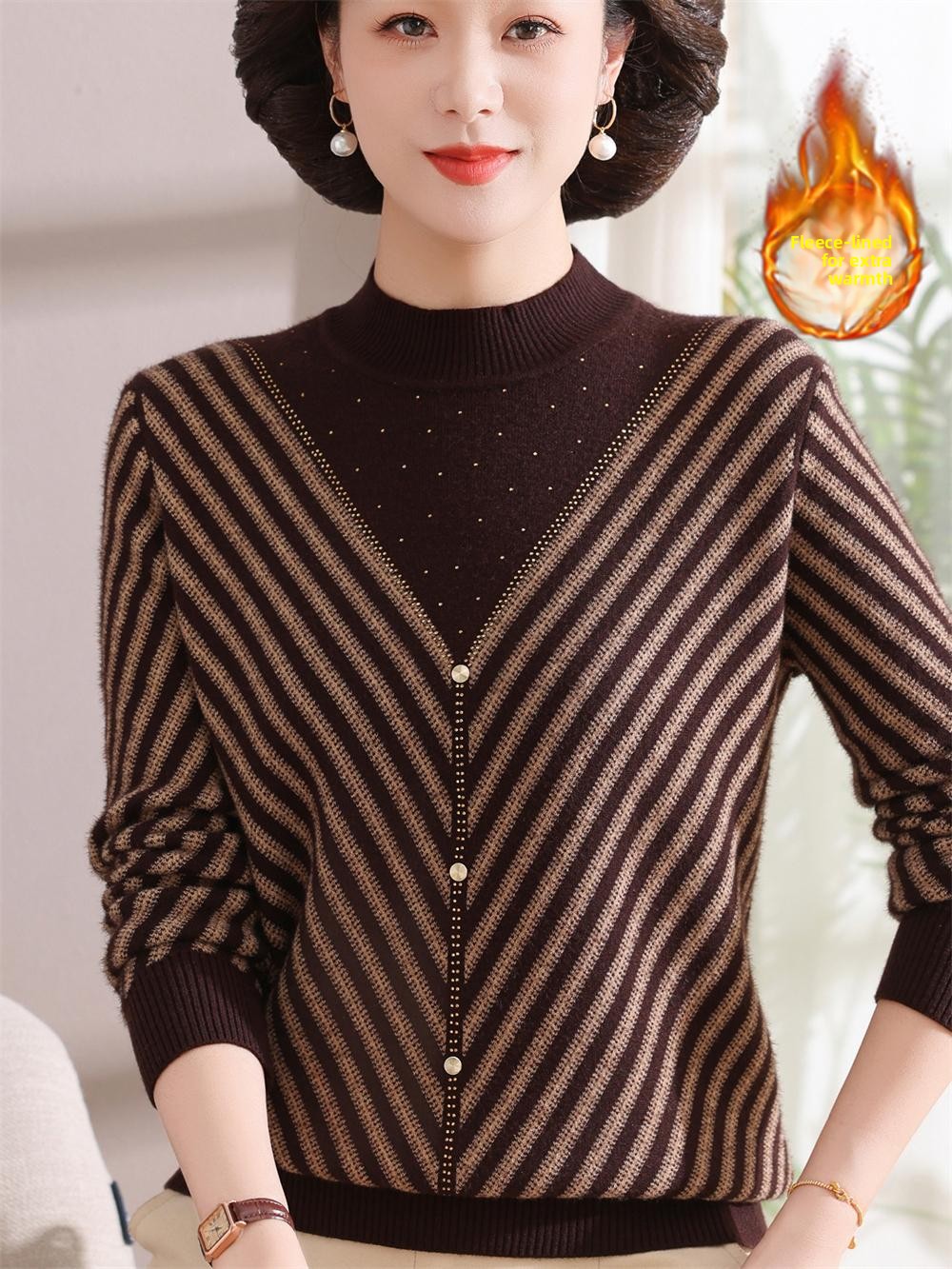 Women Fashion Over 60 - Thickened Fleece Warm Knitted Sweater Base