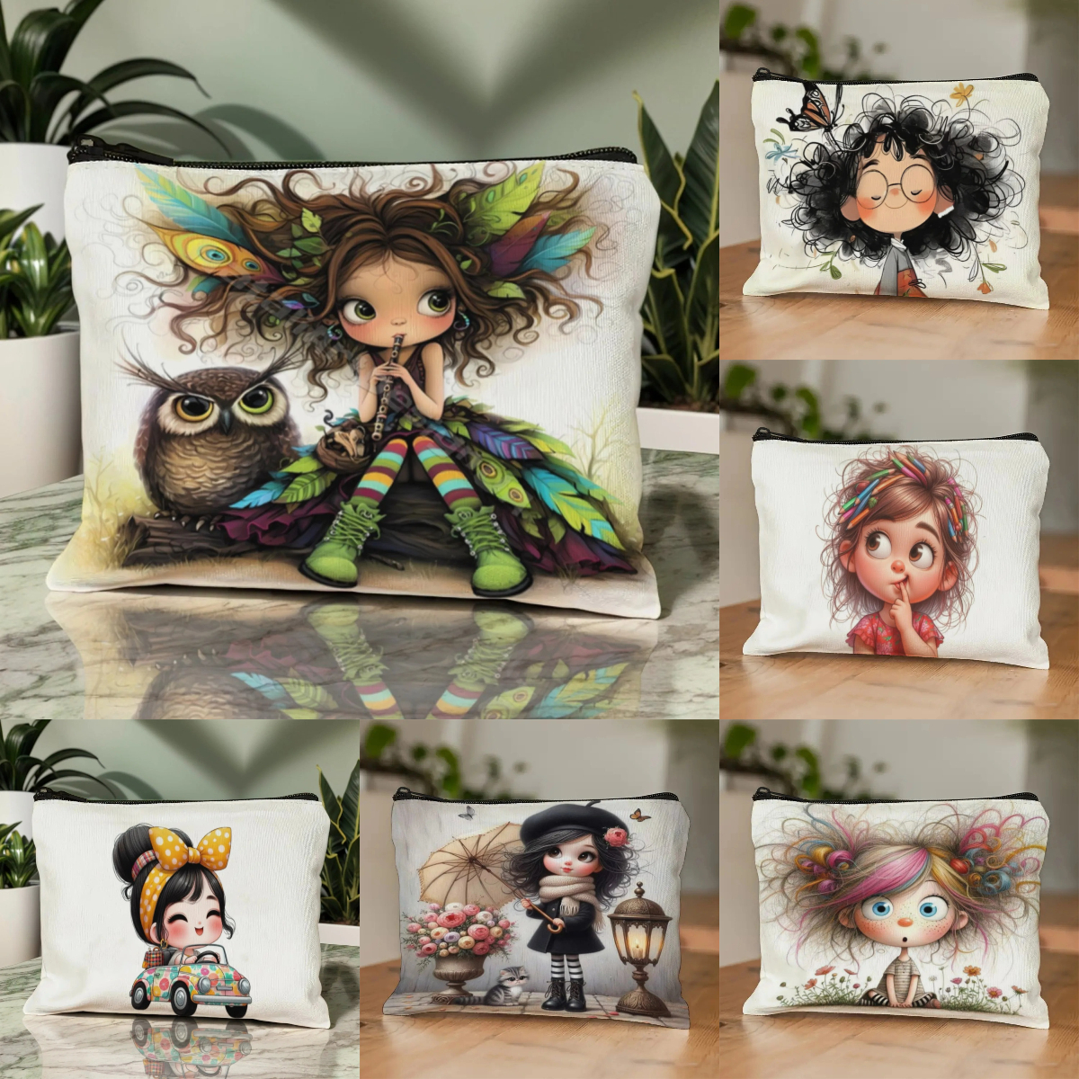 Women Fashion Images - Cartoon Girl Makeup Bag Zippered Toiletry