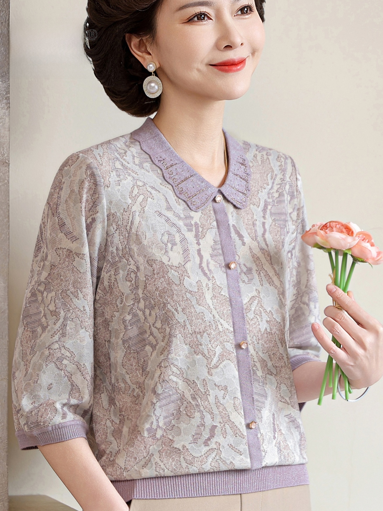 Floral Print Turn-down Collar  - Women Fashion Over 60 recensione e prezzo